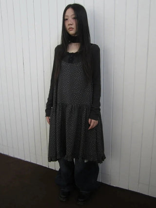 Lightweight Polka Dot Print Layered Slip Dress V-neck T-shirt Long Sleeve Dresses