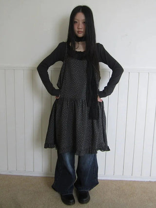 Lightweight Polka Dot Print Layered Slip Dress V-neck T-shirt Long Sleeve Dresses