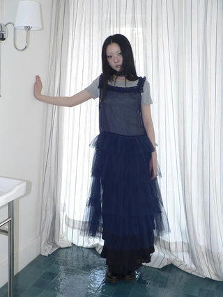 Loose Fit Solid Blue Korean Pinafore Casual Women Maxi Skirt