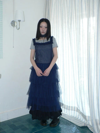 Loose Fit Solid Blue Korean Pinafore Casual Women Maxi Skirt