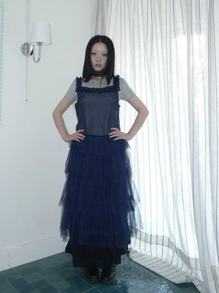 Loose Fit Solid Blue Korean Pinafore Casual Women Maxi Skirt