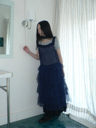Loose Fit Solid Blue Korean Pinafore Casual Women Maxi Skirt