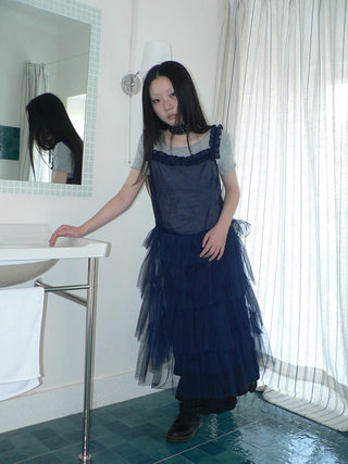Loose Fit Solid Blue Korean Pinafore Casual Women Maxi Skirt