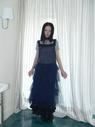 Loose Fit Solid Blue Korean Pinafore Casual Women Maxi Skirt