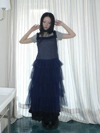 Loose Fit Solid Blue Korean Pinafore Casual Women Maxi Skirt