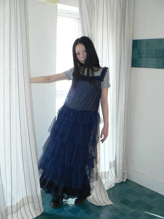 Loose Fit Solid Blue Korean Pinafore Casual Women Maxi Skirt