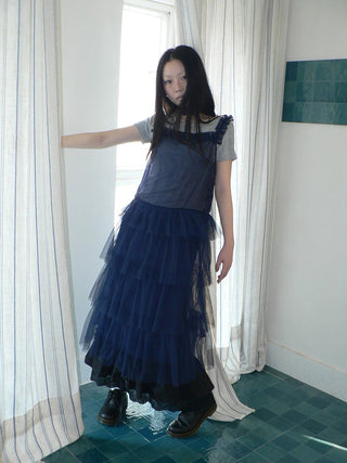 Loose Fit Solid Blue Korean Pinafore Casual Women Maxi Skirt