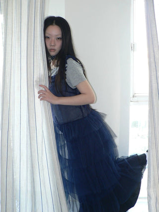 Loose Fit Solid Blue Korean Pinafore Casual Women Maxi Skirt