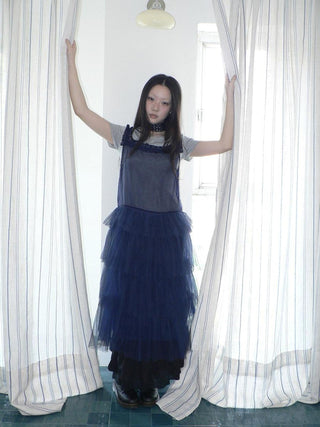 Loose Fit Solid Blue Korean Pinafore Casual Women Maxi Skirt