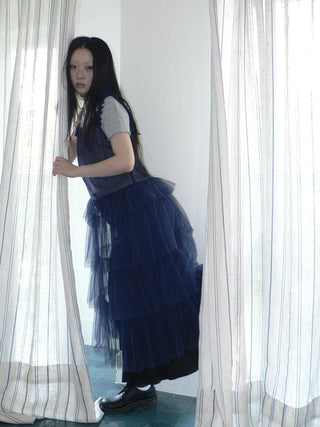 Loose Fit Solid Blue Korean Pinafore Casual Women Maxi Skirt