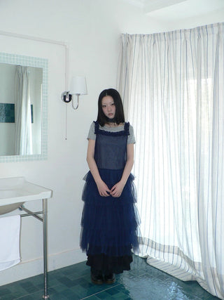 Loose Fit Solid Blue Korean Pinafore Casual Women Maxi Skirt