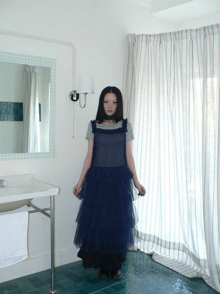 Loose Fit Solid Blue Korean Pinafore Casual Women Maxi Skirt