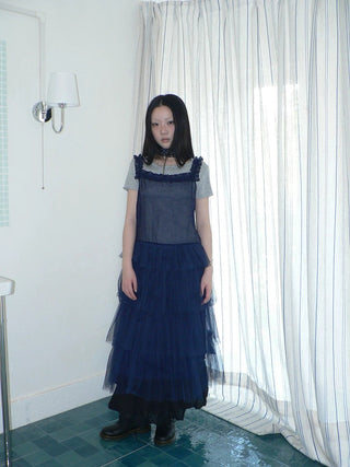Loose Fit Solid Blue Korean Pinafore Casual Women Maxi Skirt