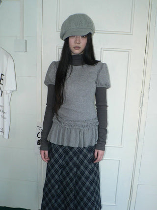 Micro Stretch Vintage Puff Sleeve Slim Fit Women Heather Gray Two Piece T-Shirt