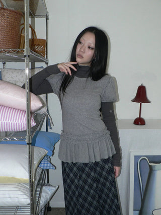 Micro Stretch Vintage Puff Sleeve Slim Fit Women Heather Gray Two Piece T-Shirt