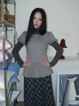 Micro Stretch Vintage Puff Sleeve Slim Fit Women Heather Gray Two Piece T-Shirt