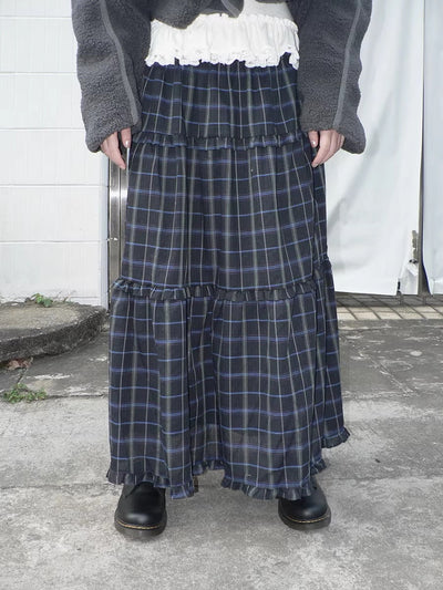 Mid Rise Elastic Waist Vintage Colorblock A Line Casual Deep Blue Maxi Skirt