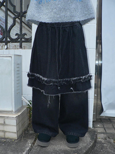 Minimal Fringe Chic Wide Leg Culotte Loose Elastic Waist Women Black Pants