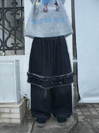 Minimal Fringe Chic Wide Leg Culotte Loose Elastic Waist Women Black Pants