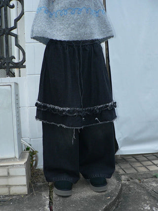 Minimal Fringe Chic Wide Leg Culotte Loose Elastic Waist Women Black Pants
