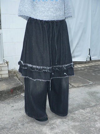 Minimal Fringe Chic Wide Leg Culotte Loose Elastic Waist Women Black Pants