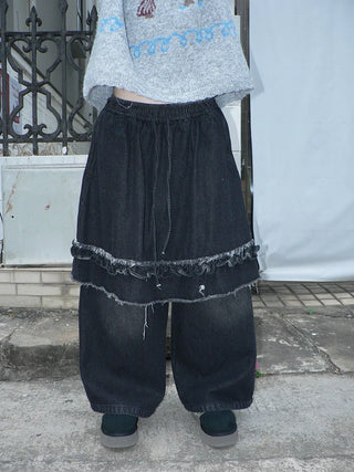 Minimal Fringe Chic Wide Leg Culotte Loose Elastic Waist Women Black Pants