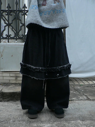 Minimal Fringe Chic Wide Leg Culotte Loose Elastic Waist Women Black Pants
