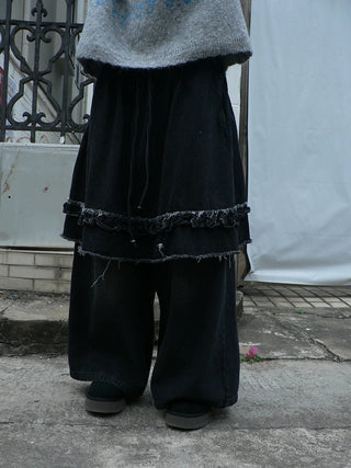 Minimal Fringe Chic Wide Leg Culotte Loose Elastic Waist Women Black Pants