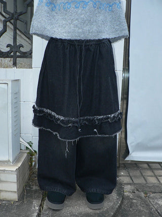Minimal Fringe Chic Wide Leg Culotte Loose Elastic Waist Women Black Pants
