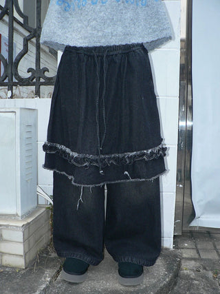 Minimal Fringe Chic Wide Leg Culotte Loose Elastic Waist Women Black Pants