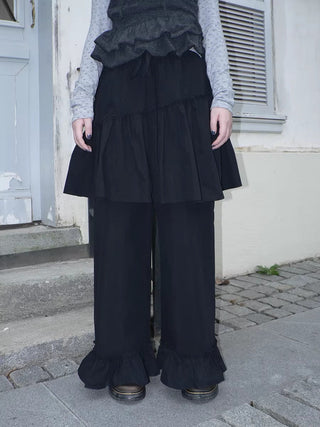 Minimal Korean Lace Trim Skort Straight Loose Elastic Waist Women Student Pants