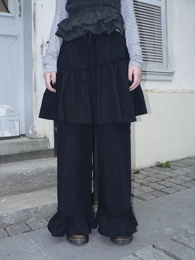Minimal Korean Lace Trim Skort Straight Loose Elastic Waist Women Student Pants