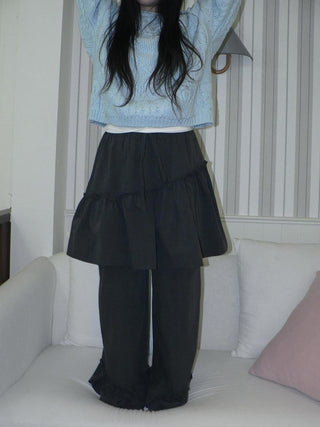 Minimal Korean Lace Trim Skort Straight Loose Elastic Waist Women Student Pants