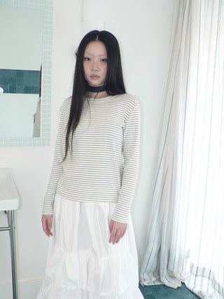Minimalist Colorblock Stripe Crewneck Long Sleeve Women Black White T-Shirt