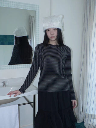 Minimalist Colorblock Stripe Crewneck Long Sleeve Women Black White T-Shirt