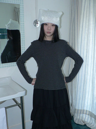 Minimalist Colorblock Stripe Crewneck Long Sleeve Women Black White T-Shirt