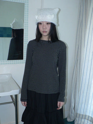 Minimalist Colorblock Stripe Crewneck Long Sleeve Women Black White T-Shirt