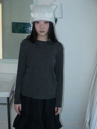 Minimalist Colorblock Stripe Crewneck Long Sleeve Women Black White T-Shirt