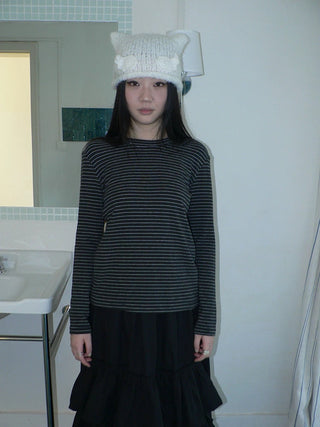 Minimalist Colorblock Stripe Crewneck Long Sleeve Women Black White T-Shirt
