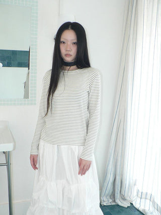 Minimalist Colorblock Stripe Crewneck Long Sleeve Women Black White T-Shirt