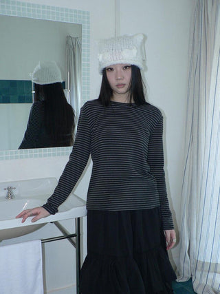 Minimalist Colorblock Stripe Crewneck Long Sleeve Women Black White T-Shirt