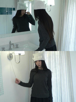 Minimalist Colorblock Stripe Crewneck Long Sleeve Women Black White T-Shirt