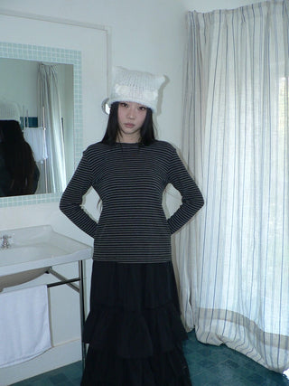 Minimalist Colorblock Stripe Crewneck Long Sleeve Women Black White T-Shirt
