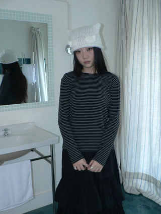 Minimalist Colorblock Stripe Crewneck Long Sleeve Women Black White T-Shirt
