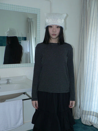 Minimalist Colorblock Stripe Crewneck Long Sleeve Women Black White T-Shirt