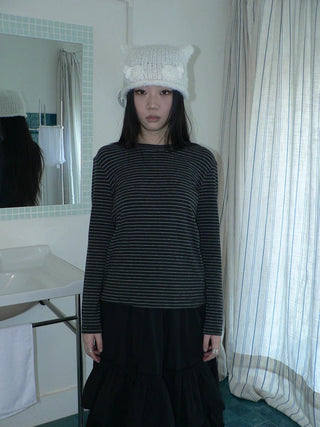 Minimalist Colorblock Stripe Crewneck Long Sleeve Women Black White T-Shirt