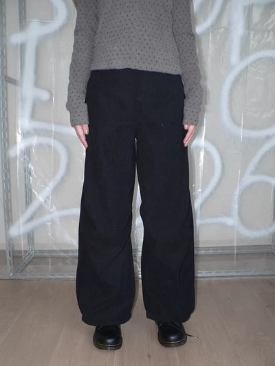 Natural Waist Vintage Pleated Straight Leg Casual Women Black Button Pants
