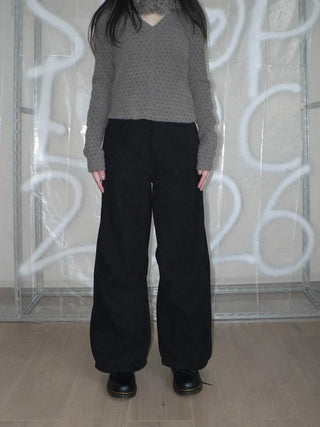 Natural Waist Vintage Pleated Straight Leg Casual Women Black Button Pants