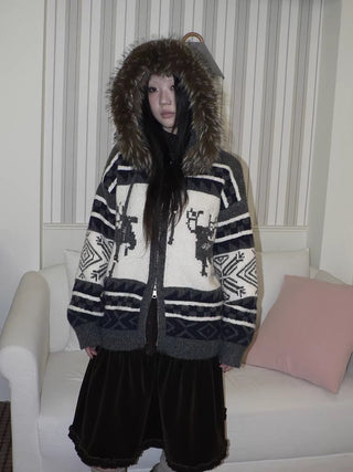 Online Exclusive Vintage Loose Fit Hooded Striped Print Cropped Zip Women Jacket