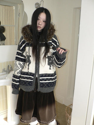 Online Exclusive Vintage Loose Fit Hooded Striped Print Cropped Zip Women Jacket